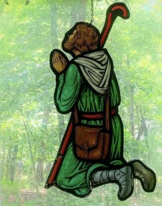 Architectural Salvage Leaded Stained Glass - Kneeling Shepherd With Staff