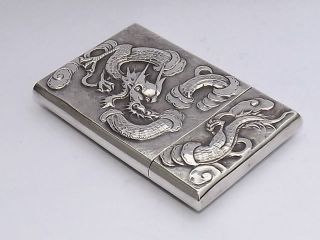 RARE ANTIQUE ASIAN CHINESE EXPORT SOLID SILVER CARD CASE DRAGONS STUNNING c1890 11