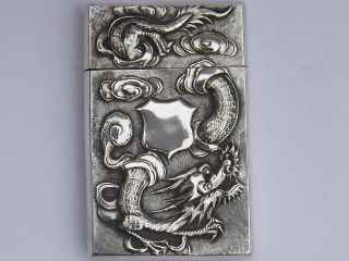 RARE ANTIQUE ASIAN CHINESE EXPORT SOLID SILVER CARD CASE DRAGONS STUNNING c1890 12