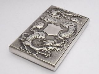 Rare Antique Asian Chinese Export Solid Silver Card Case Dragons Stunning C1890