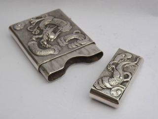 RARE ANTIQUE ASIAN CHINESE EXPORT SOLID SILVER CARD CASE DRAGONS STUNNING c1890 2