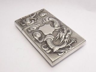 RARE ANTIQUE ASIAN CHINESE EXPORT SOLID SILVER CARD CASE DRAGONS STUNNING c1890 4
