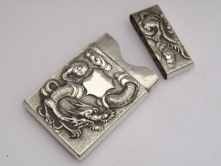 RARE ANTIQUE ASIAN CHINESE EXPORT SOLID SILVER CARD CASE DRAGONS STUNNING c1890 6