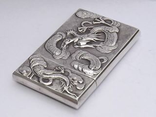RARE ANTIQUE ASIAN CHINESE EXPORT SOLID SILVER CARD CASE DRAGONS STUNNING c1890 7