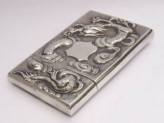 RARE ANTIQUE ASIAN CHINESE EXPORT SOLID SILVER CARD CASE DRAGONS STUNNING c1890 8