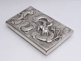RARE ANTIQUE ASIAN CHINESE EXPORT SOLID SILVER CARD CASE DRAGONS STUNNING c1890 9