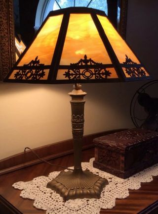 Antique (1915) Table Lamp with Carmel Slag Glass and Ornate Filagree Shade 2