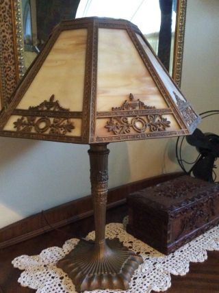 Antique (1915) Table Lamp with Carmel Slag Glass and Ornate Filagree Shade 8