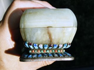FINE CHINESE QING DYNASTY NEPHRITE JADE BOX WITH COVER,  ENAMEL TURQUOISE CORAL 6