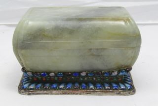 FINE CHINESE QING DYNASTY NEPHRITE JADE BOX WITH COVER,  ENAMEL TURQUOISE CORAL 7