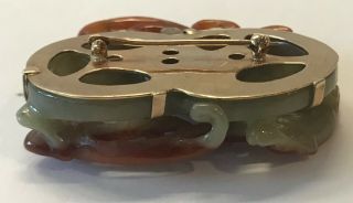 Chinese Vintage Carved Russet Jade & 14 Kt Yellow Gold Pin Brooch 32 g 4