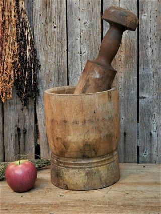 Huge AAFA Early Antique Primitive Wood Mortar & Pestle 1800 ' s Apothecary Pantry 2