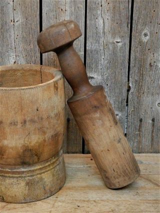 Huge AAFA Early Antique Primitive Wood Mortar & Pestle 1800 ' s Apothecary Pantry 3