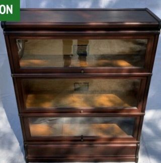 ANTIQUE GLOBE WERNICKE BARRISTER BOOKCASE 3 STACK TOP,  & BASE GLASS & MAHOGANY 2