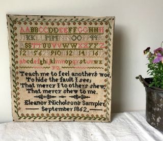 Antique Needlework Sampler by Eleanor Nicholson 1862,  Quote by Alexander Pope 3