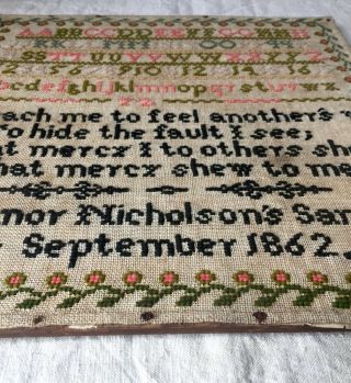 Antique Needlework Sampler by Eleanor Nicholson 1862,  Quote by Alexander Pope 6