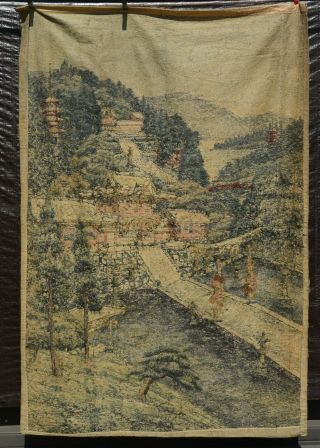 Japanese Silk Embroidery Tapestry Panel Wall Hanging Castle Temple Scene 178CM 8