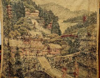 Japanese Silk Embroidery Tapestry Panel Wall Hanging Castle Temple Scene 178CM 9