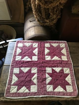 Early Antique Hand Sewn Large Doll’s Quilt Burgundy Calico Star Textile Aafa