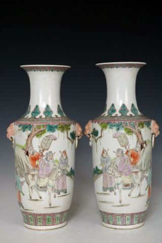 Chinese Pair Famille Rose Porcelain Duo Tiger Handles Characters Vases