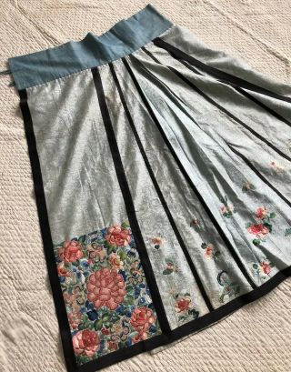 Antique Chinese Embroidered Silk Floral Damask Apron Skirt Forbidden Stitch Qing 2