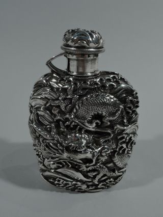 Antique Flask - Asian Export Dragon Meiji Barware - Japanese Silver