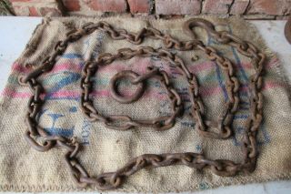 Huge 12.  5ft Old Farm Industrial Heavy Cast Iron Chain,  Lifting Hook & Ring