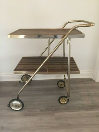 Mid Century Modern Wood Slat & Brass Finish Foldaway Bar Cart