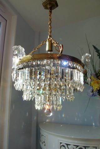 Antique 1920 ' s Art Deco Large 3 tier lead crystal waterfall chandelier light 8