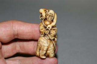 Japanese Traditional Antique Netsuke Antler Hand - Carved Warrior With A Tiger