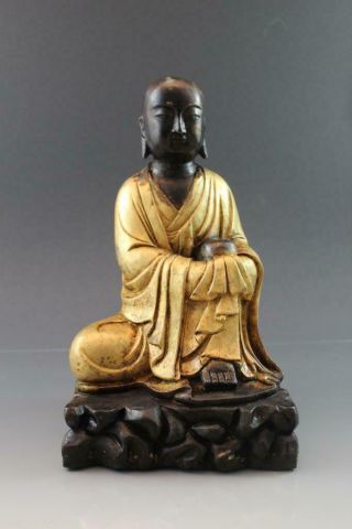 19c Chinese Two Color Gilt Bronze Buddha Statue Seated W/ Knee Up