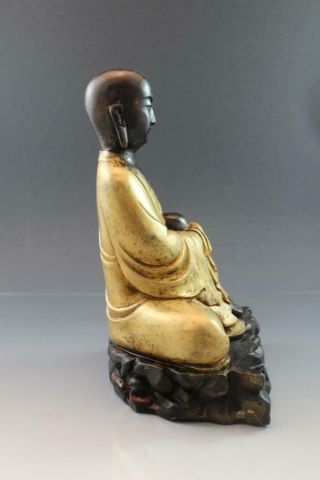 19C Chinese Two Color Gilt Bronze Buddha Statue Seated w/ Knee Up 5