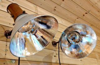 2 Vintage Antique Gec Gecoray Glass Copper Industrial Shop Adjustable Lamps 1