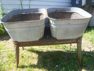 Rare Vintage Galvanized Steel Wash Tubs,  Metal Planter,  Flower Pot,  Home Sink
