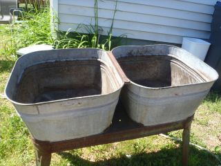 RARE VINTAGE GALVANIZED STEEL WASH TUBS,  METAL PLANTER,  FLOWER POT,  HOME SINK 3