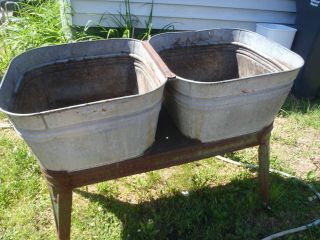 RARE VINTAGE GALVANIZED STEEL WASH TUBS,  METAL PLANTER,  FLOWER POT,  HOME SINK 6