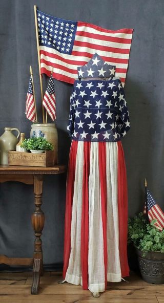 C1900 Antique American Flag Dress & Hat Parade Bunting Patriotic Americana Usa