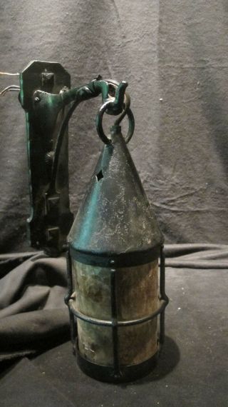 Antique ARTS & CRAFTS Gothic iron sconce with MICA shade. 2