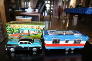Boxed Two Tone Tin Four Door Sedan Car And House Trailer Friction Toy Japan
