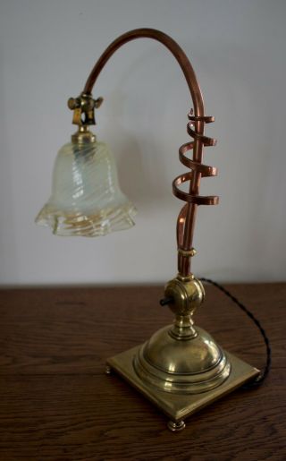 WAS BENSON ARTS AND CRAFTS TABLE LAMP WITH POWELL VASELINE SHADE 4