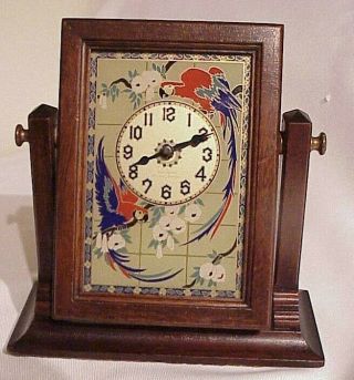Antique Art Deco Reverse Painted On Glass Parrots Haven Easel Novelty Clock