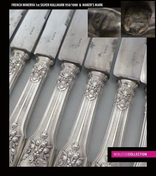 PUIFORCAT ANTIQUE FRENCH STERLING SILVER & STEEL DINNER KNIVES 8 pc RENAISSANCE 4