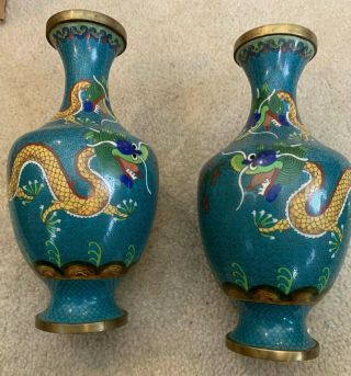 Pair Antique Chinese Cloisonne Dragon Vases.