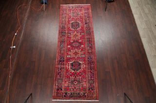 One - of - a - Kind Geometric Tribal Gharajeh Persian Hand - Knotted 4 ' x11 ' Red Wool Rug 2