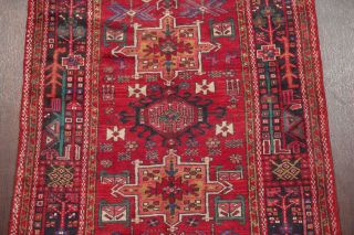 One - of - a - Kind Geometric Tribal Gharajeh Persian Hand - Knotted 4 ' x11 ' Red Wool Rug 4