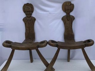 Carved Wood Antique Birthing Chairs Don Quixote And Sancho Panza Wooden