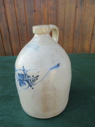 Antique 1860’s Stoneware Blue Flower Jug Haxstun Ottman Fort Edward NY 2 Gallon 2