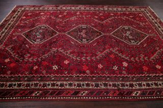Vintage Geometric Tribal Qashqai Persian Oriental Area Rug Hand - Knotted Red 7x10