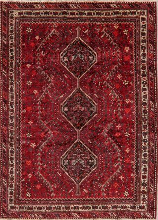 Vintage Geometric Tribal Qashqai Persian Oriental Area Rug Hand - Knotted RED 7x10 2