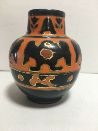Rare 1900s Satsuma Kinkozan Tsukuru Porcelain Black Gold Orange Raven Vase